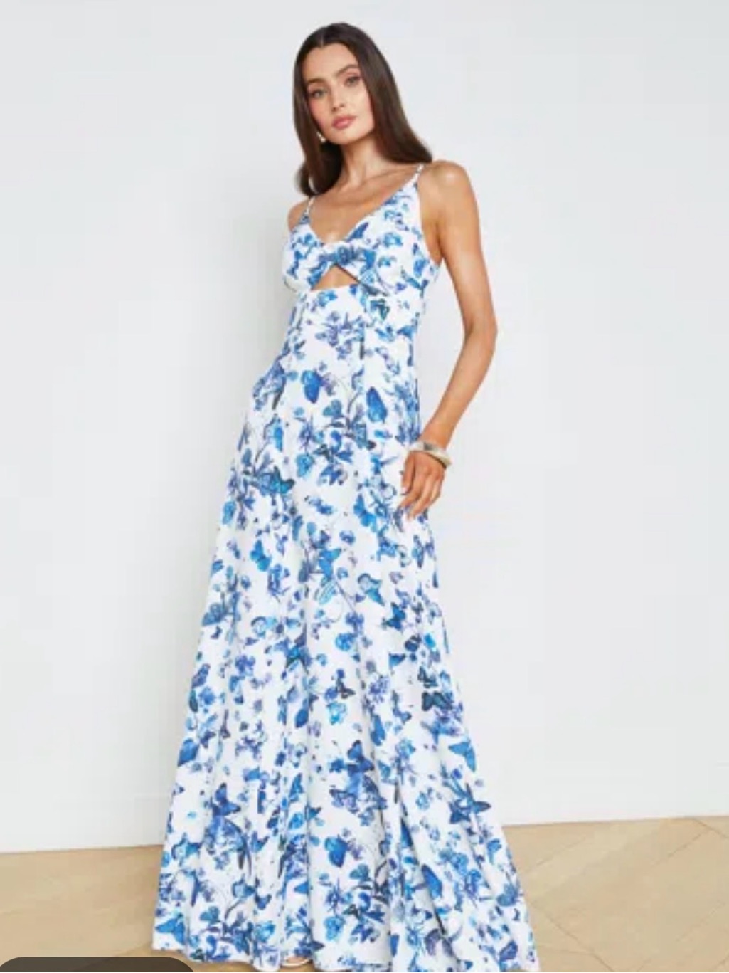 L'agence Porter Twisted Front Dress Butterflies White & Blue Maxi $425 Size 2